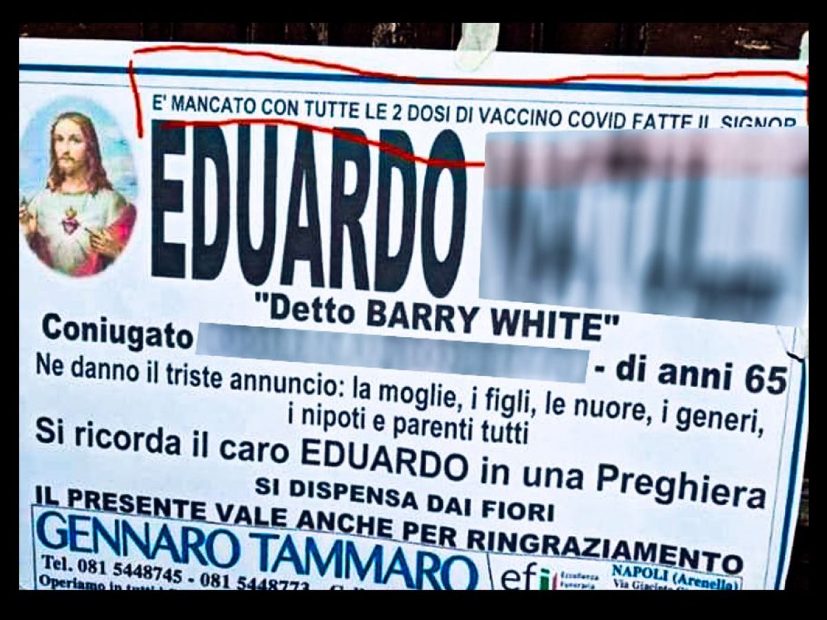 Manifesto funebre choc: 'Morto nonostante le due dosi di vaccino'