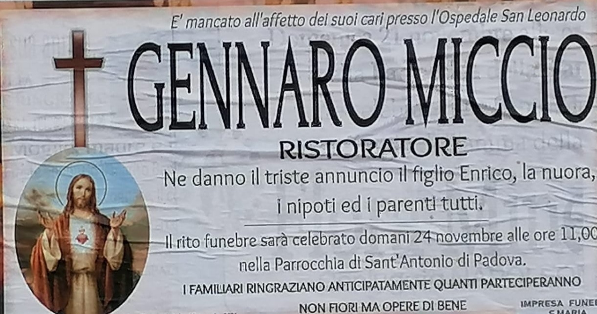 Castellammare a lutto, muore decano dei ristoratori: addio a Gennaro Miccio 