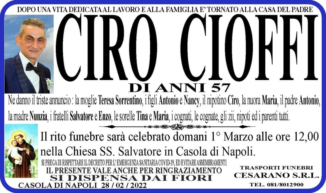 Operaio vola da un'impalcatura, a Casola l'addio a Ciro Cioffi